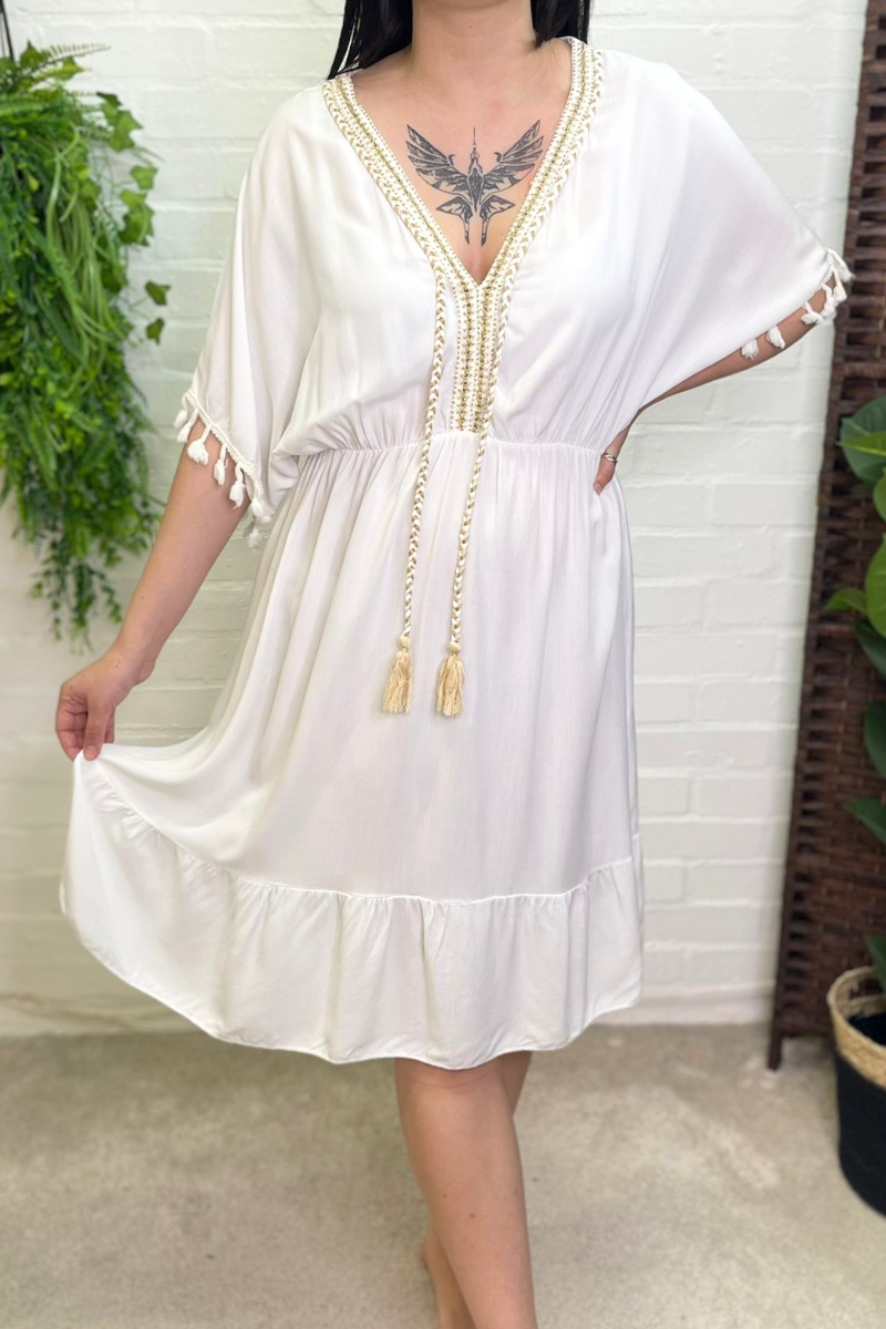 LOTTIE Short Plain Tassel Dress - White