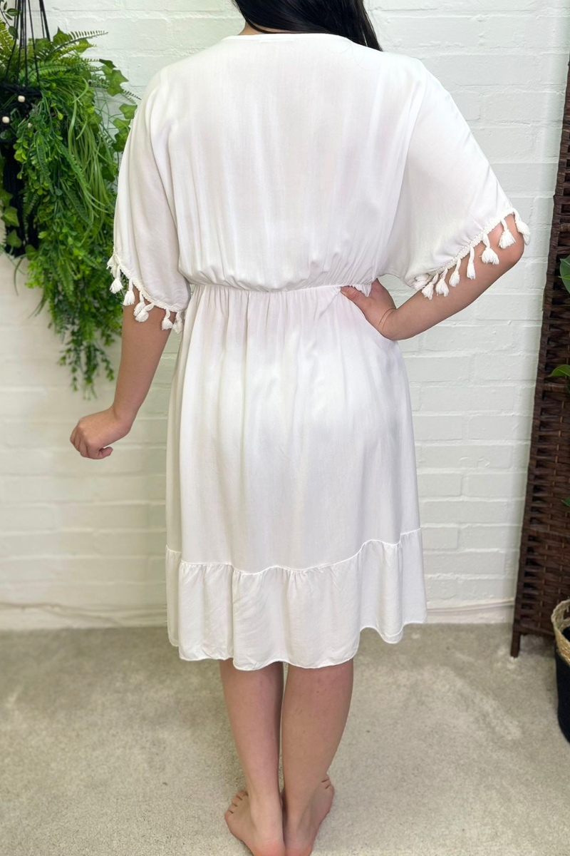 LOTTIE Short Plain Tassel Dress - White