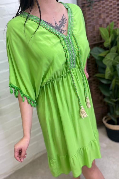 LOTTIE Short Plain Tassel Dress - Lime Green