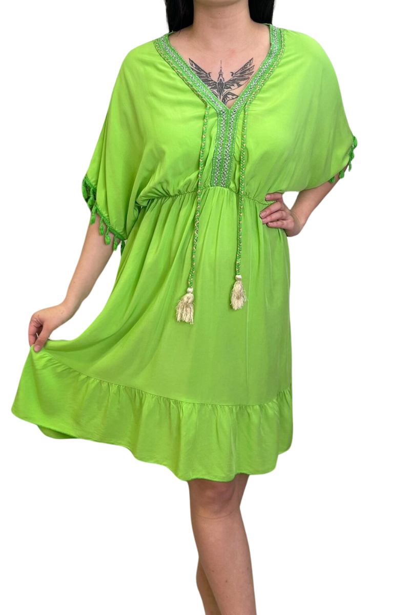 LOTTIE Short Plain Tassel Dress - Lime Green