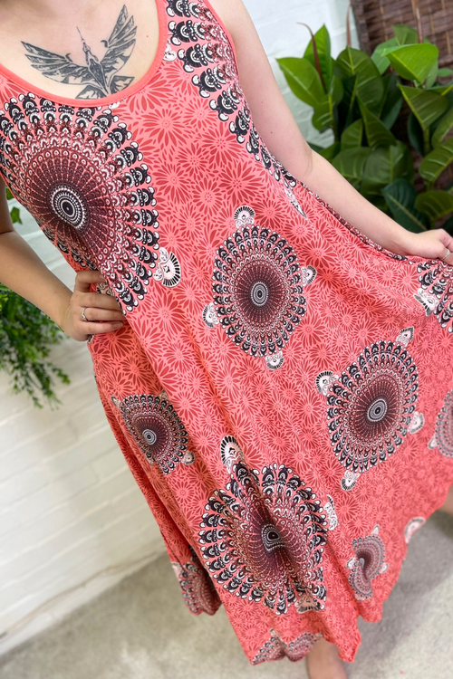 ENYA Mandala Print Midi Dress - Coral