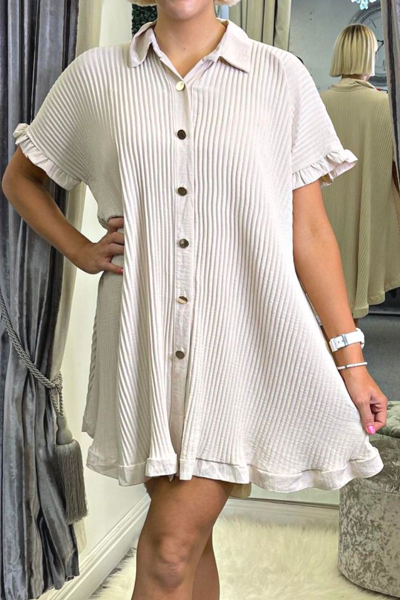 JADYN Plain Pleated Shirt Dress - Beige