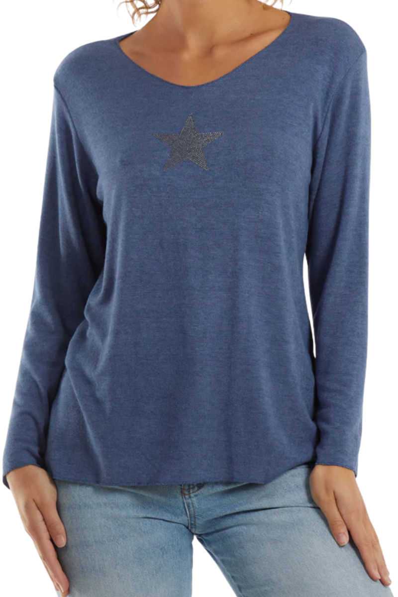 DARCY Star Fine Knit Top - Denim Blue