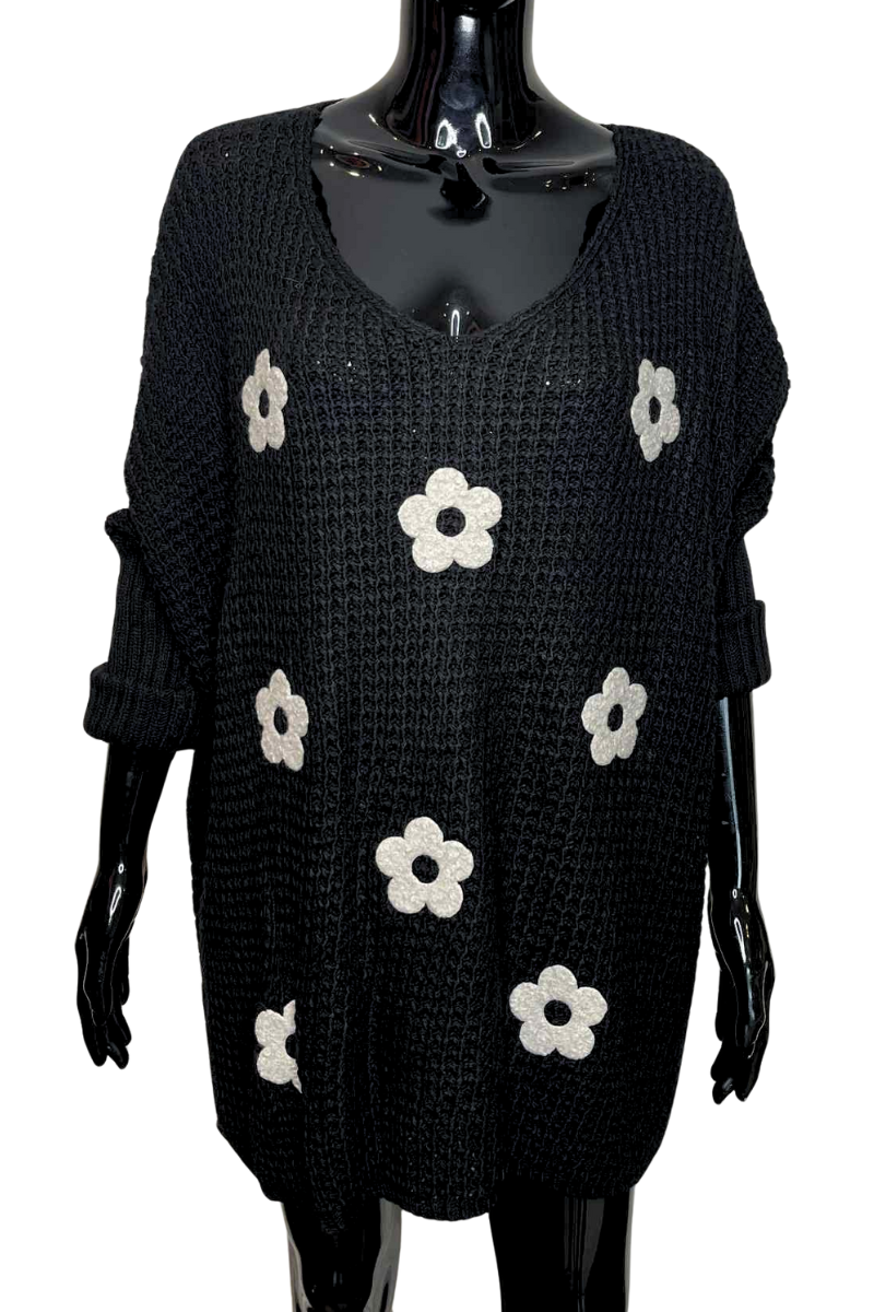 GRACIE Floral Knitted Jumper - Black