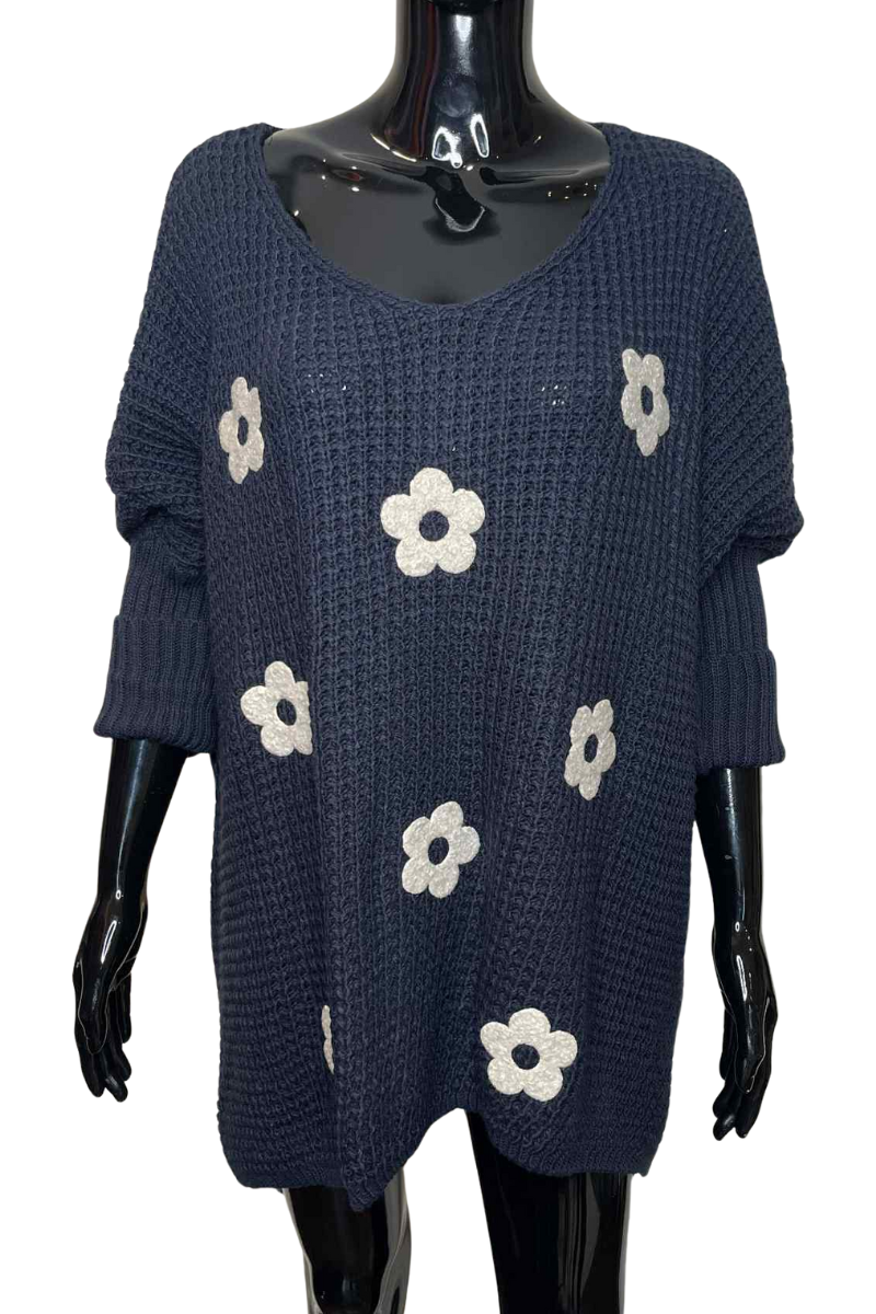 GRACIE Floral Knitted Jumper - Navy
