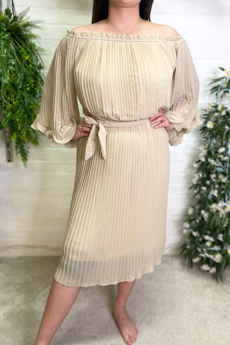 POLLY Pleated Off Shoulder Dress - Beige