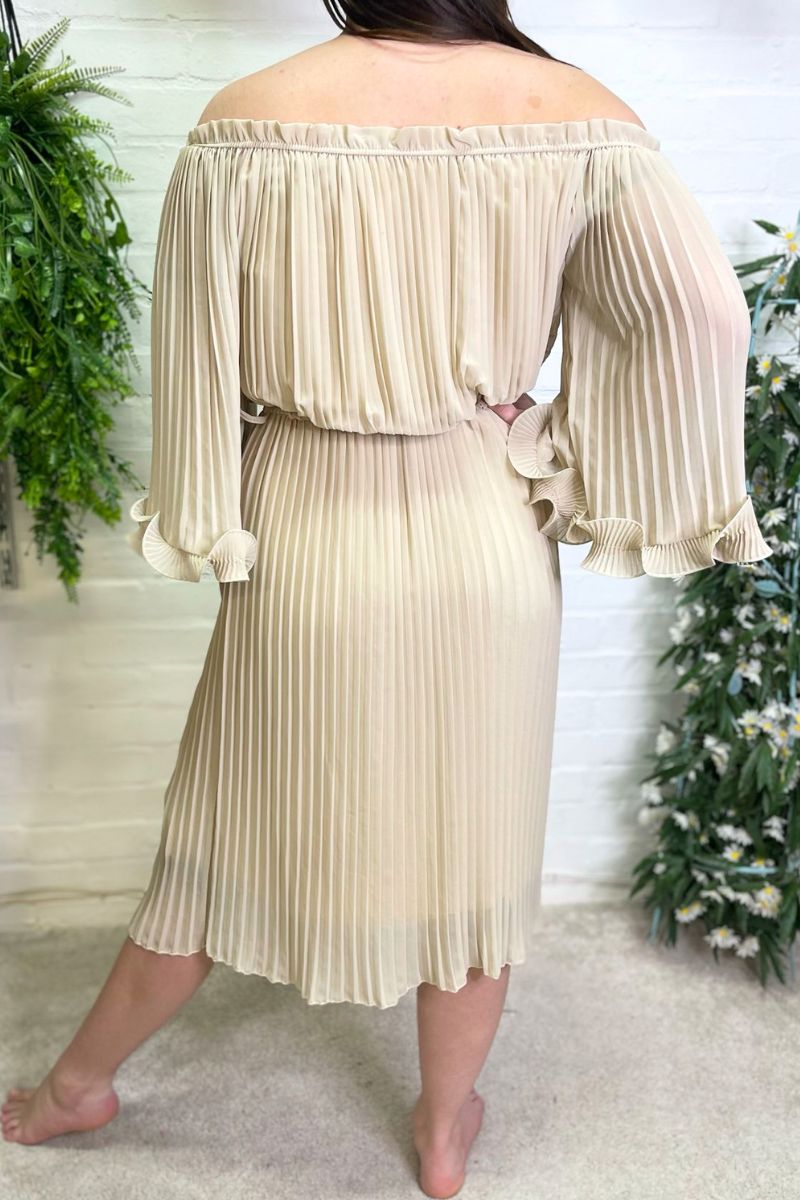 POLLY Pleated Off Shoulder Dress - Beige