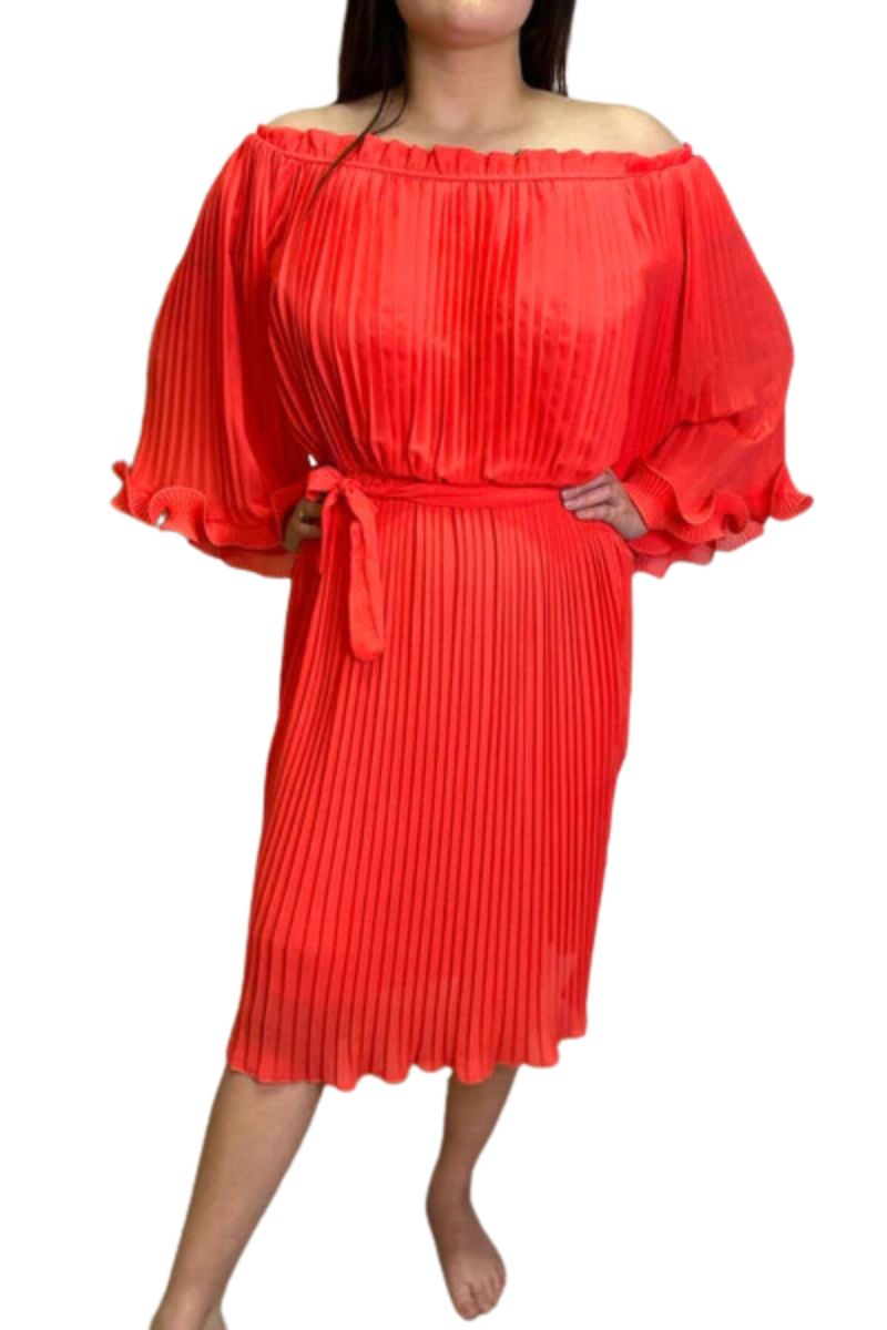 POLLY Pleated Off Shoulder Dress - Coral