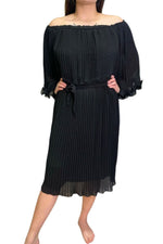 POLLY Pleated Off Shoulder Dress - Black