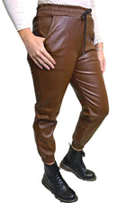 ALINA PU Plain Trousers - Brown