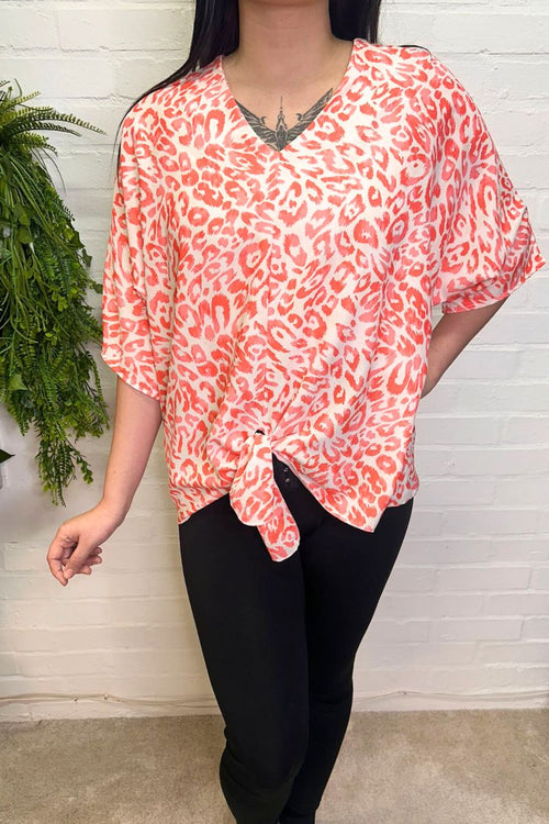 BETTY Tie Front Leopard Print Blouse - Coral