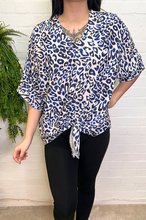 BETTY Tie Front Leopard Print Blouse - Navy