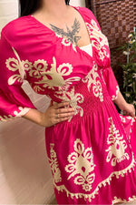 MAISIE Baroque V-Neck Dress - Fuchsia