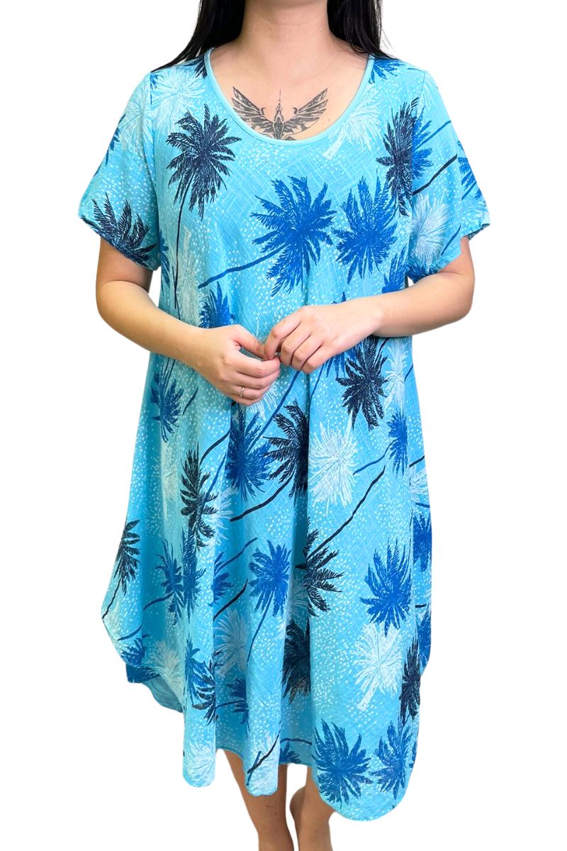 ATHENA Palm Tree Print Dress - Sky Blue