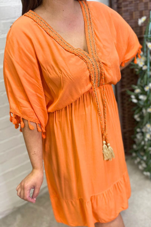 LOTTIE Short Plain Tassel Dress - Orange
