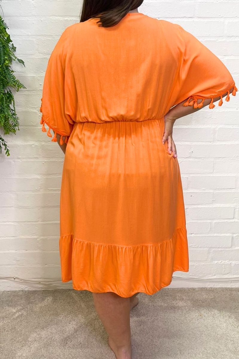 LOTTIE Short Plain Tassel Dress - Orange