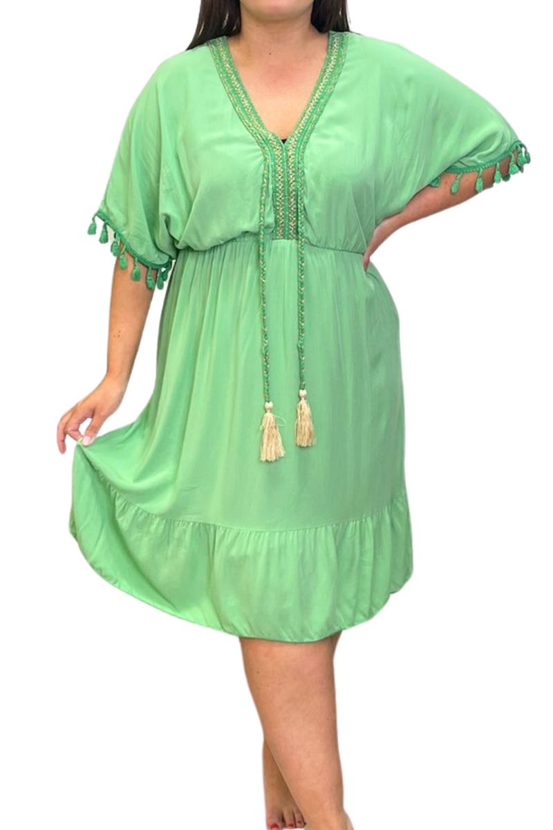 LOTTIE Short Plain Tassel Dress - Apple Green