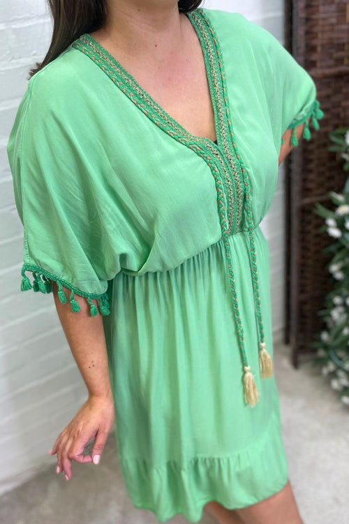LOTTIE Short Plain Tassel Dress - Apple Green