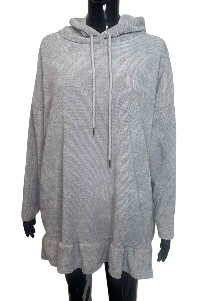 JOANNE Frill Hooded Pocket Top - Grey
