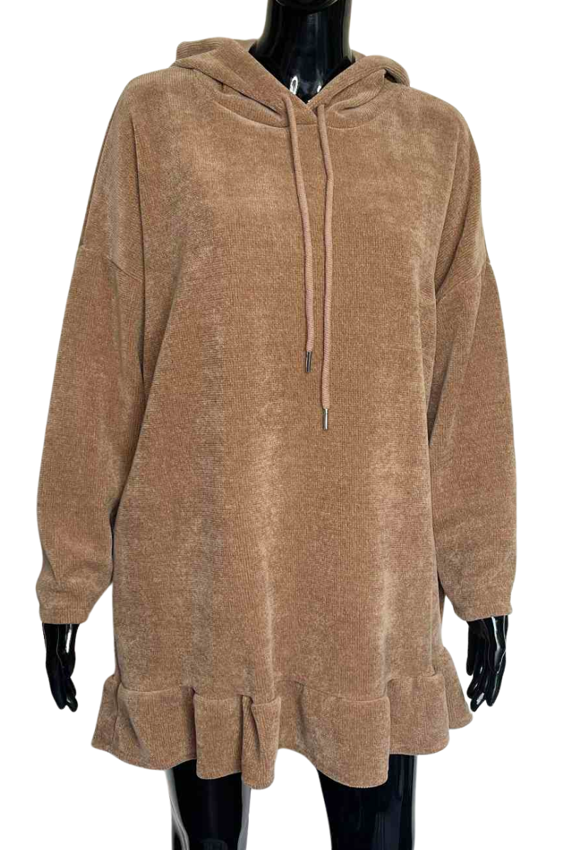JOANNE Frill Hooded Pocket Top - Camel