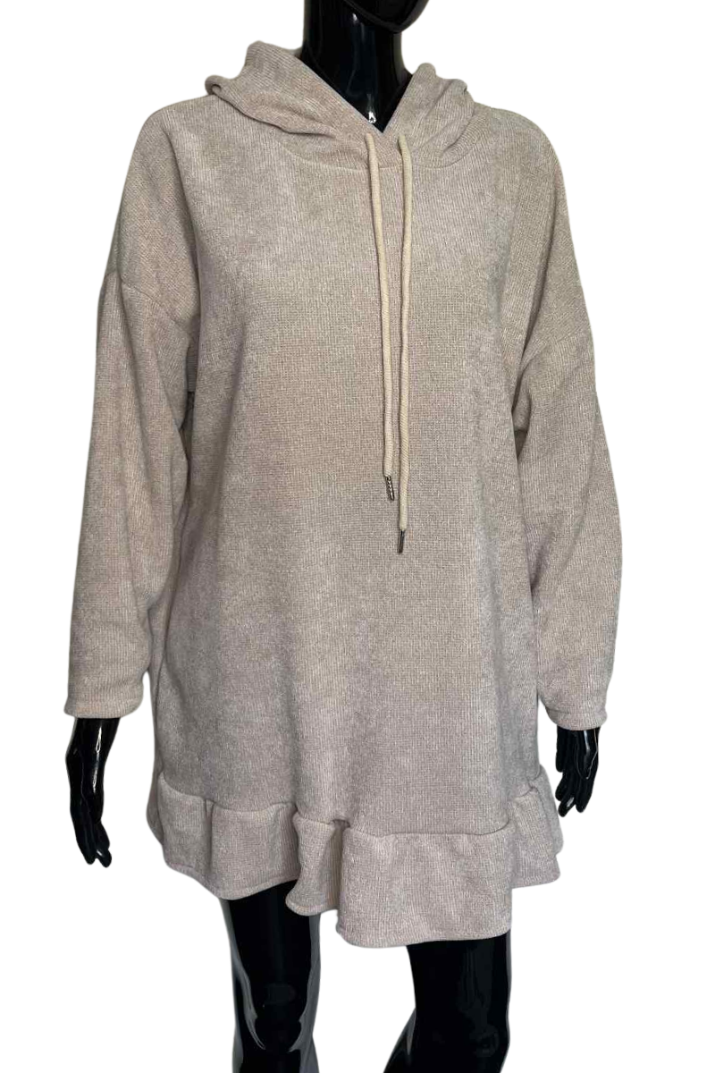 JOANNE Frill Hooded Pocket Top - Beige