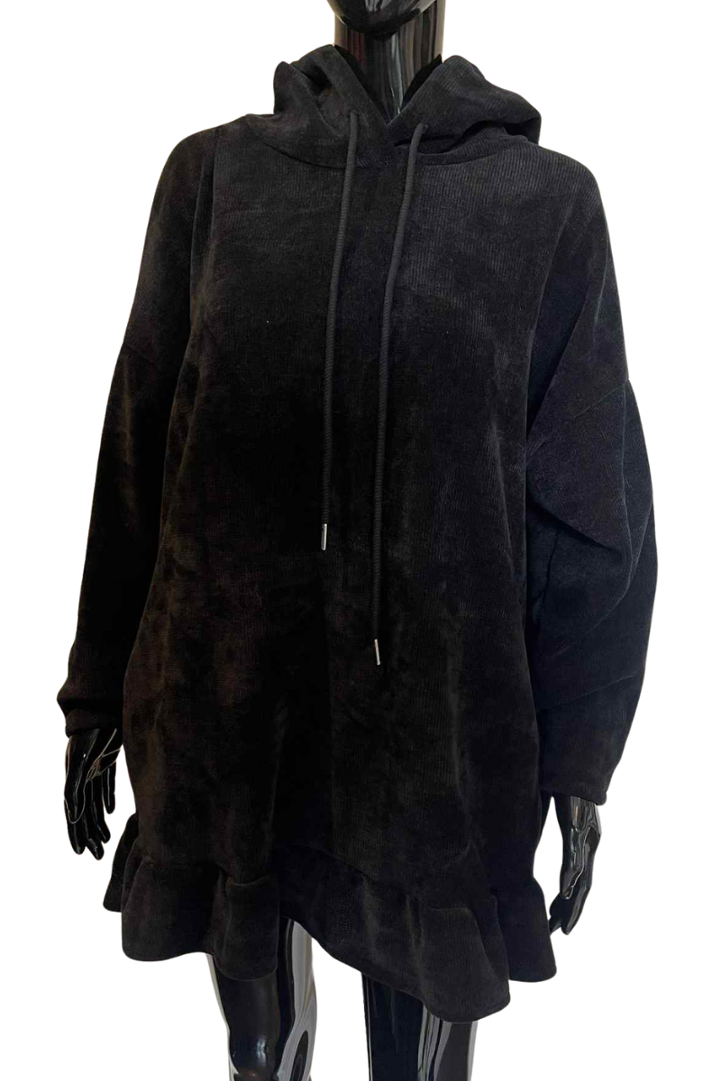 JOANNE Frill Hooded Pocket Top - Black