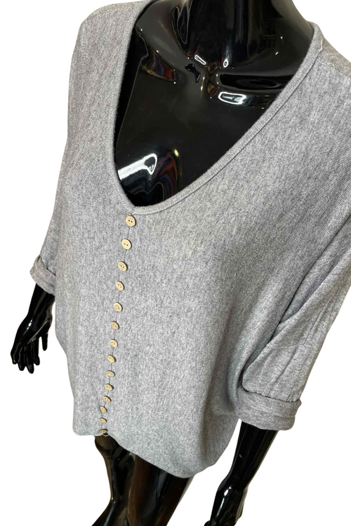 SALLY Button Fine Knit Top - Grey
