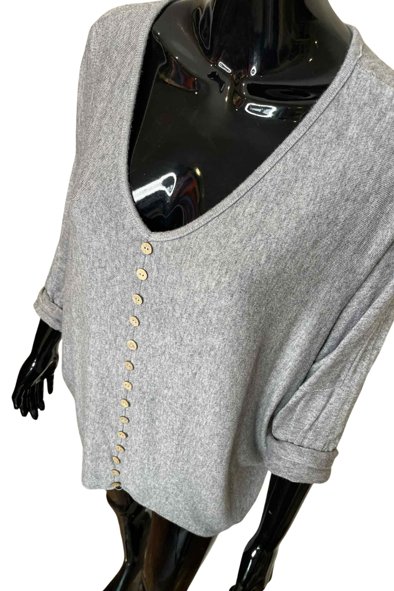 SALLY Button Fine Knit Top - Grey