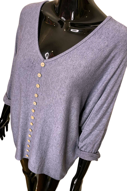 SALLY Button Fine Knit Top - Denim Blue