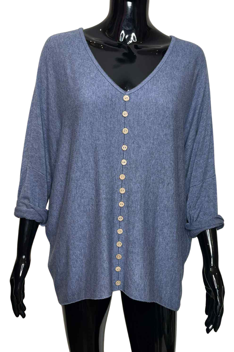 SALLY Button Fine Knit Top - Denim Blue