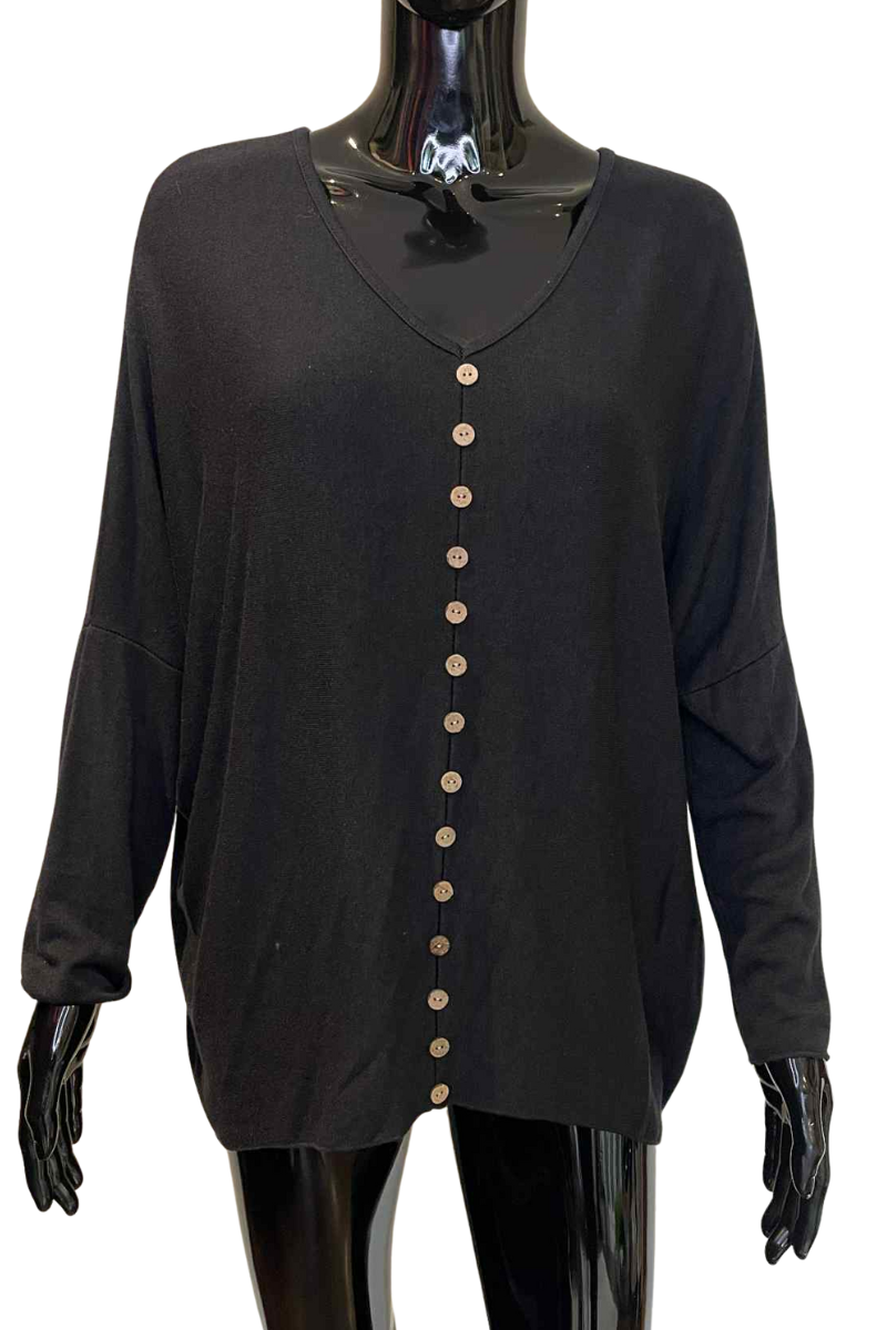 SALLY Button Fine Knit Top - Black