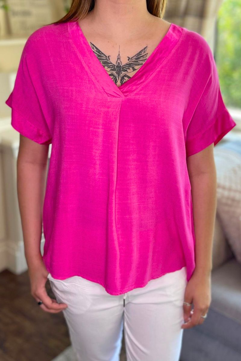 DIANE Plain V Neck Top - Fuchsia