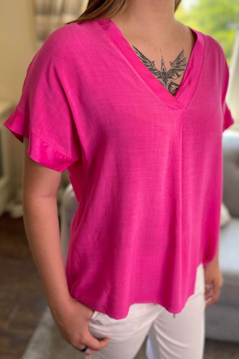 DIANE Plain V Neck Top - Fuchsia