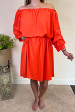 KELLY Plain Bardot Dress - Orange
