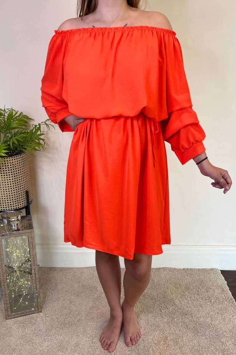 KELLY Plain Bardot Dress - Orange