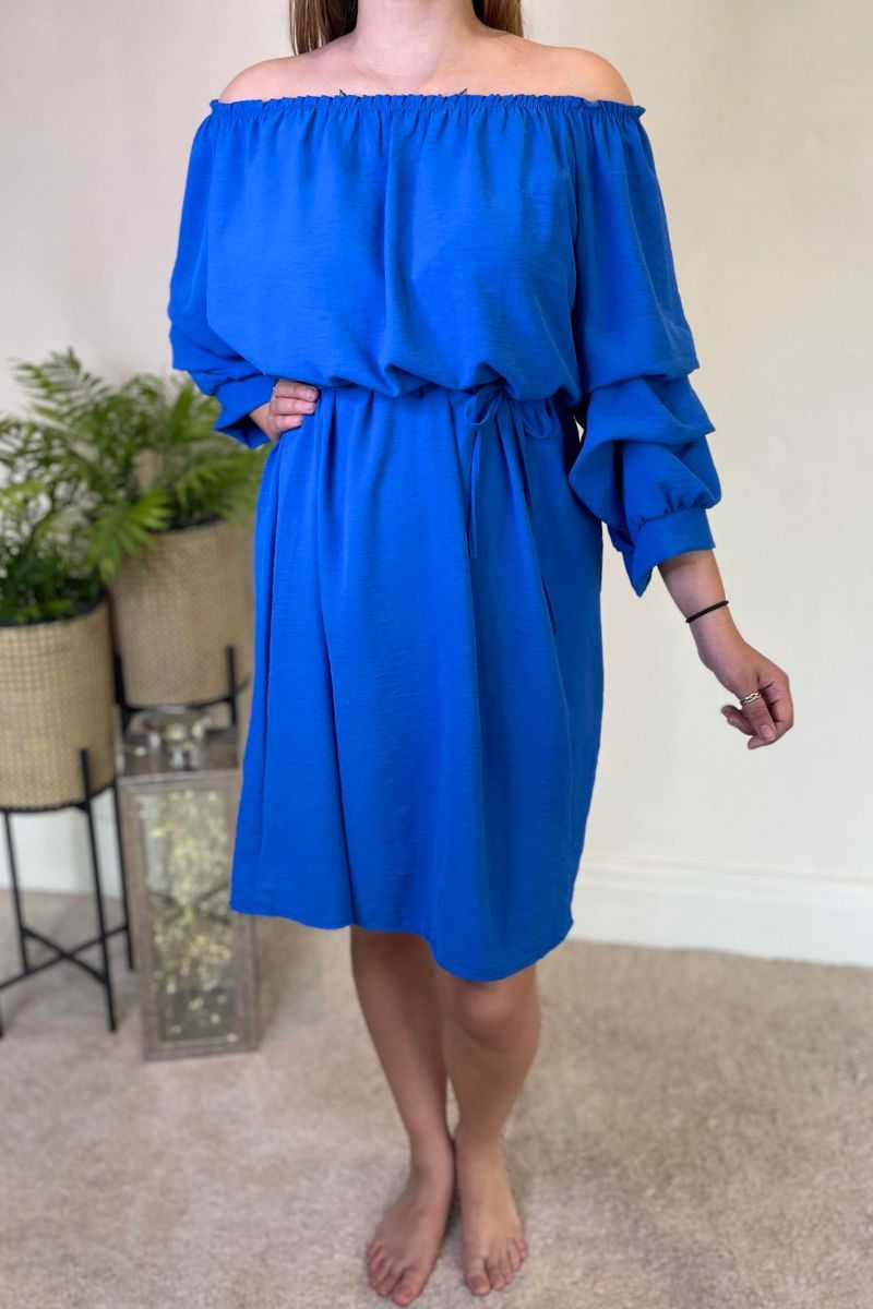 KELLY Plain Bardot Dress - Royal Blue