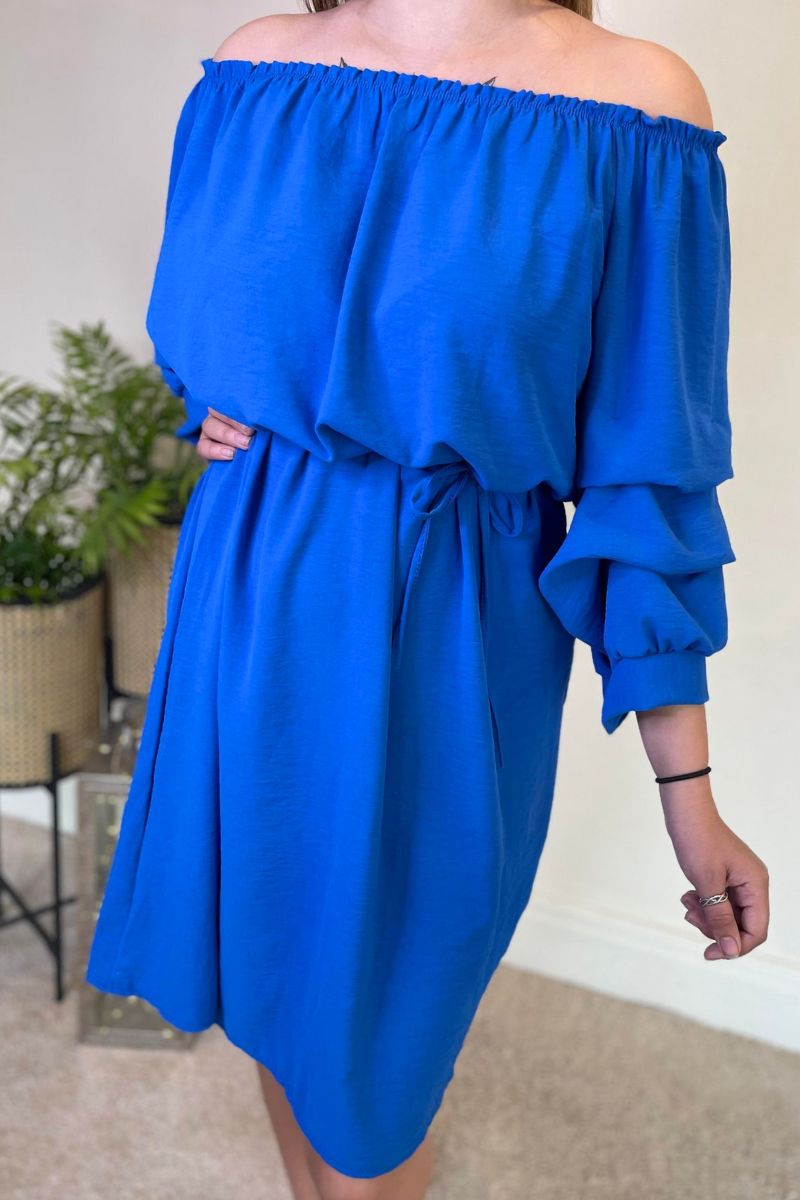 KELLY Plain Bardot Dress - Royal Blue