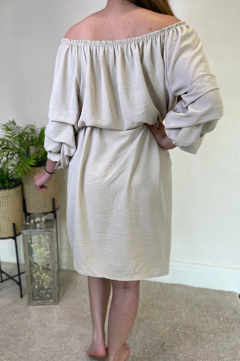 KELLY Plain Bardot Dress - Beige