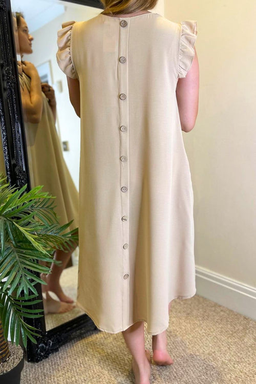 BRIDGET Plain Frill Sleeve Dress - Beige