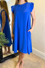 BRIDGET Plain Frill Sleeve Dress - Royal Blue