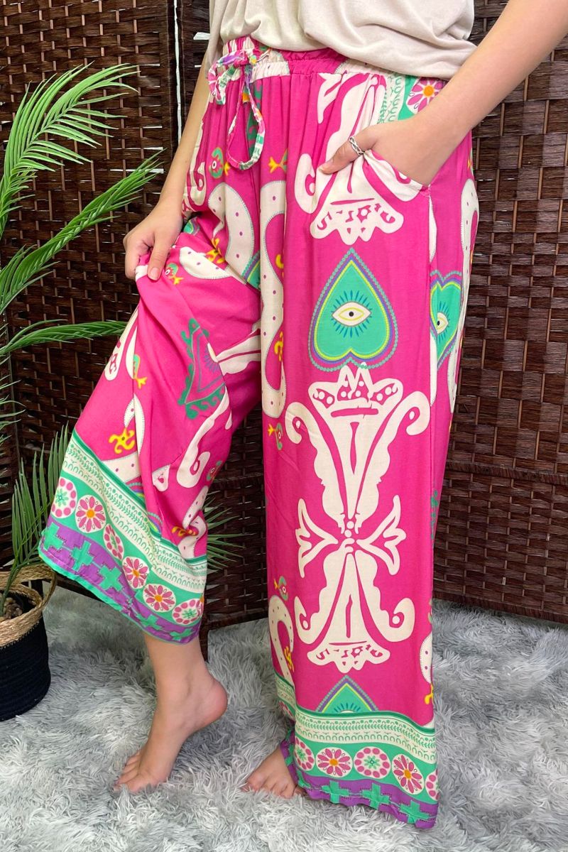 ROVA Abstract Palazzo Trousers - Fuchsia