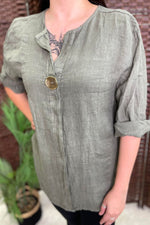 EILEEN Button Detail Linen Top - Khaki