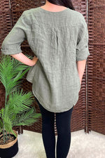 EILEEN Button Detail Linen Top - Khaki