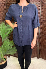 EILEEN Button Detail Linen Top - Navy