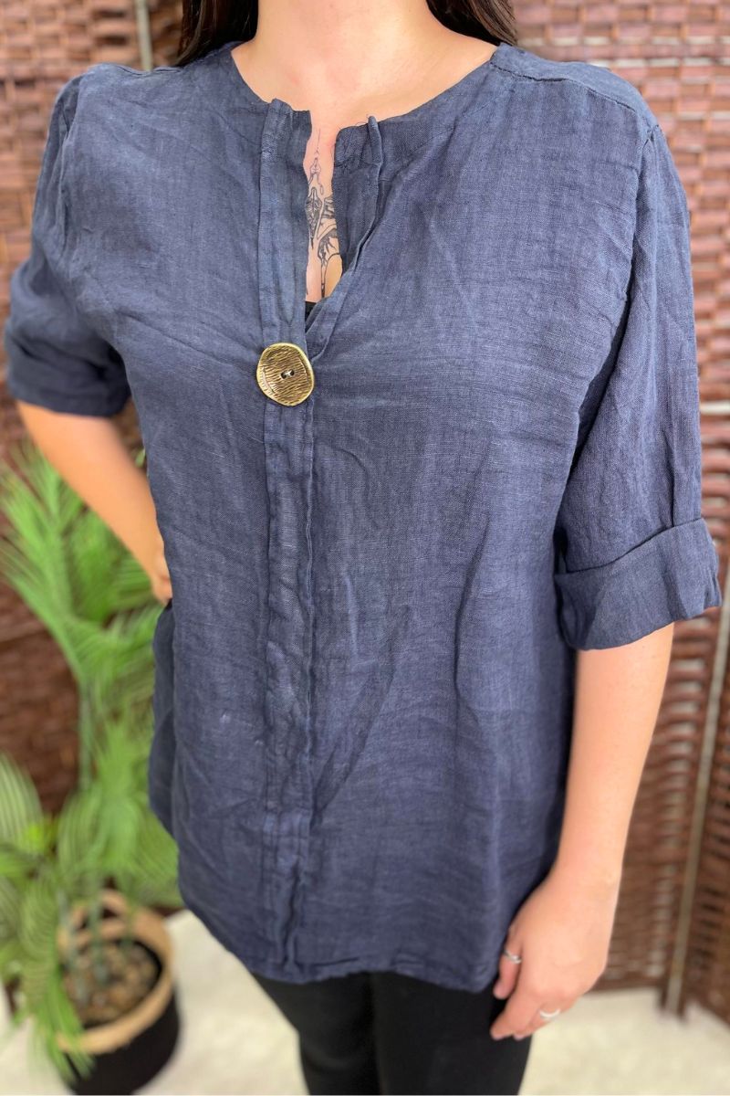 EILEEN Button Detail Linen Top - Navy