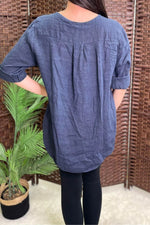EILEEN Button Detail Linen Top - Navy