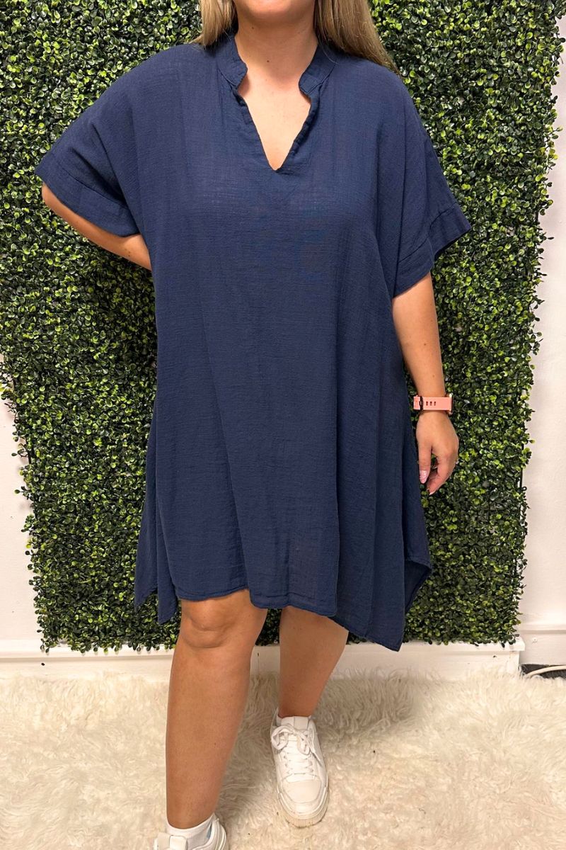 JANICE Handkerchief Hem Linen Top - Navy (NO RETURNS)