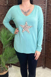 AIDA Leopard Star Fine Knit Top - Tiffany Green