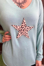 AIDA Leopard Star Fine Knit Top - Tiffany Green