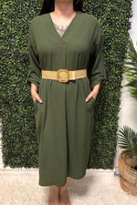 MARY Plain Belted Dress - Khaki